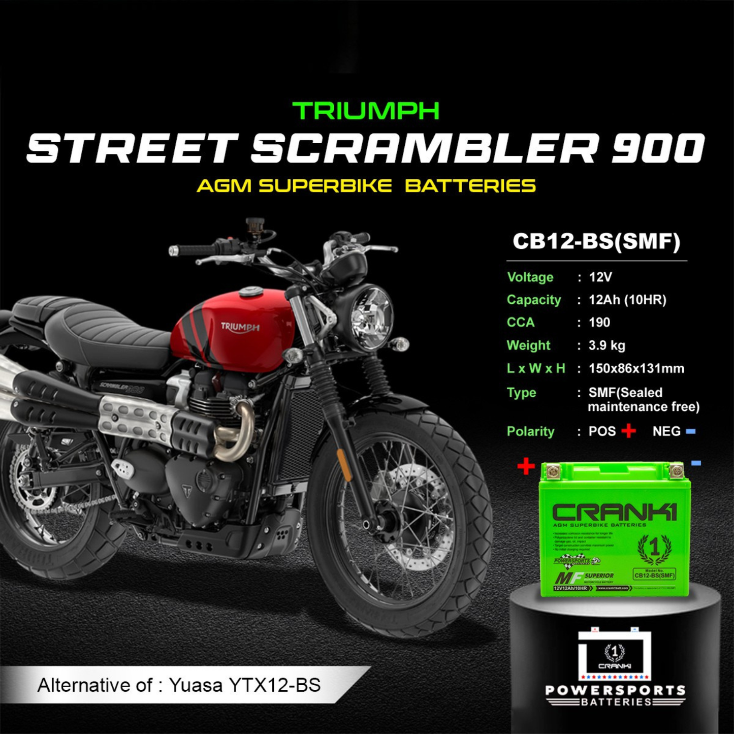 Crank1 Battery For Triumph Street Scrambler 900 (2018) - CB12B-BS