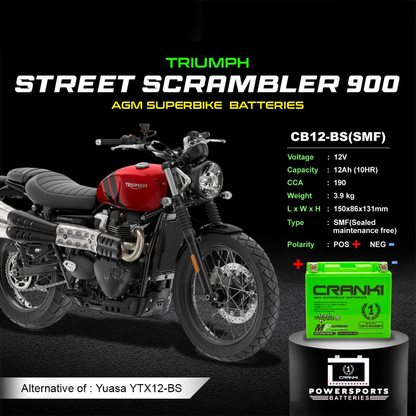 Crank1 Battery For Triumph Street Scrambler 900 (2018) - CB12B-BS