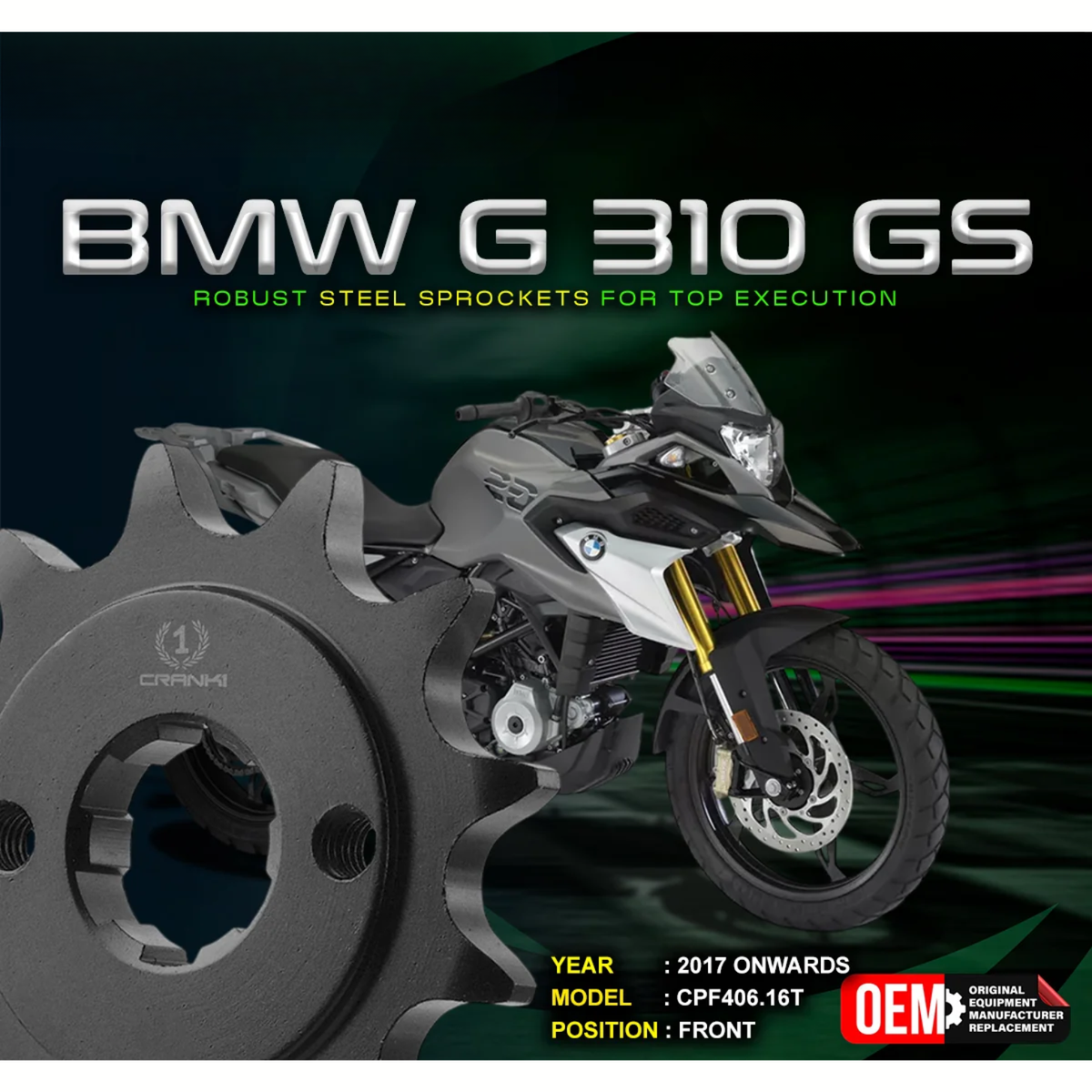 Crank1 BMW G 310 GS (2017 Onwards) Performance Motorcycle Sprocket - Black - CPF406.16T